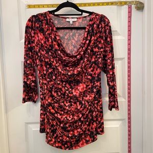 Chaus New York drape neck and front top; black with shades of red dots